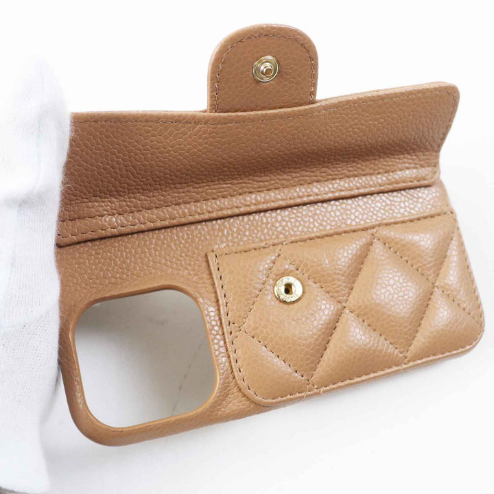 Great CHANEL iPhone case iPhone14 Pro Caviar Skin COCO Mark Brown beige Women AP3553