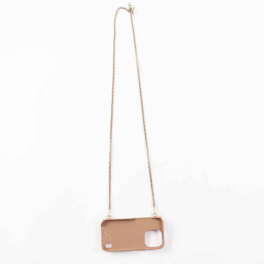 Great CHANEL iPhone case iPhone14 Pro Caviar Skin COCO Mark Brown beige Women AP3553
