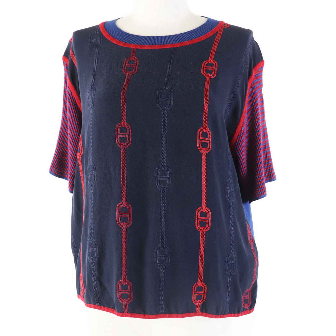Excellent HERMES Short sleeve knit short sleeve knit / Navy red silk Women 40