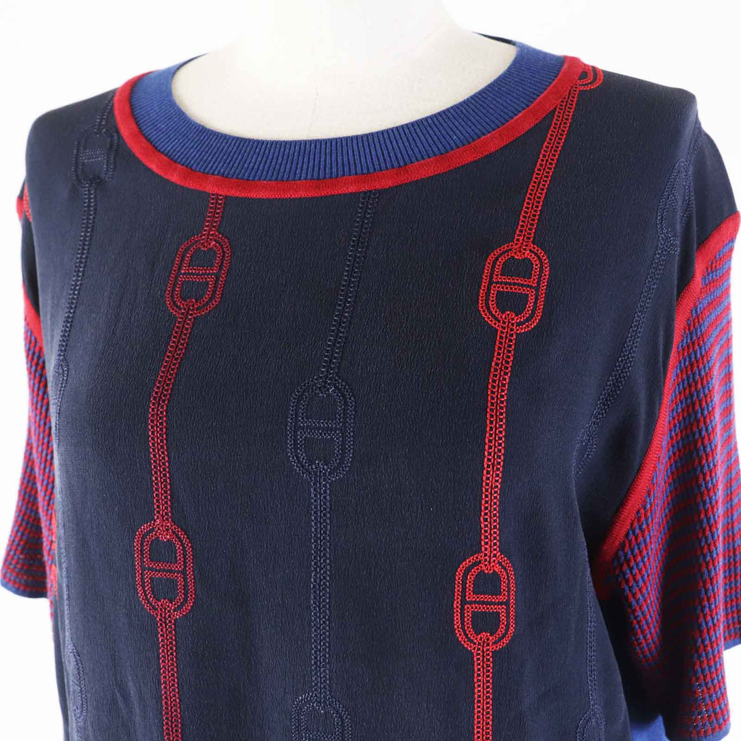 Excellent HERMES Short sleeve knit short sleeve knit / Navy red silk Women 40