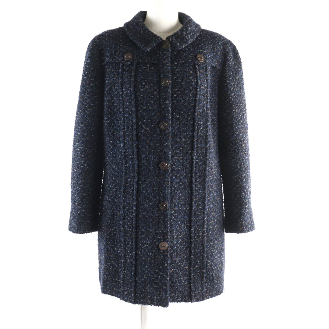 Great CHANEL coat Tweed with leather logo buttons Navy system wool Women 46 02A P19979