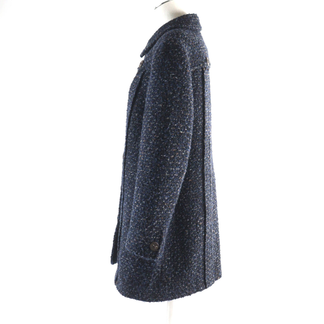 Great CHANEL coat Tweed with leather logo buttons Navy system wool Women 46 02A P19979