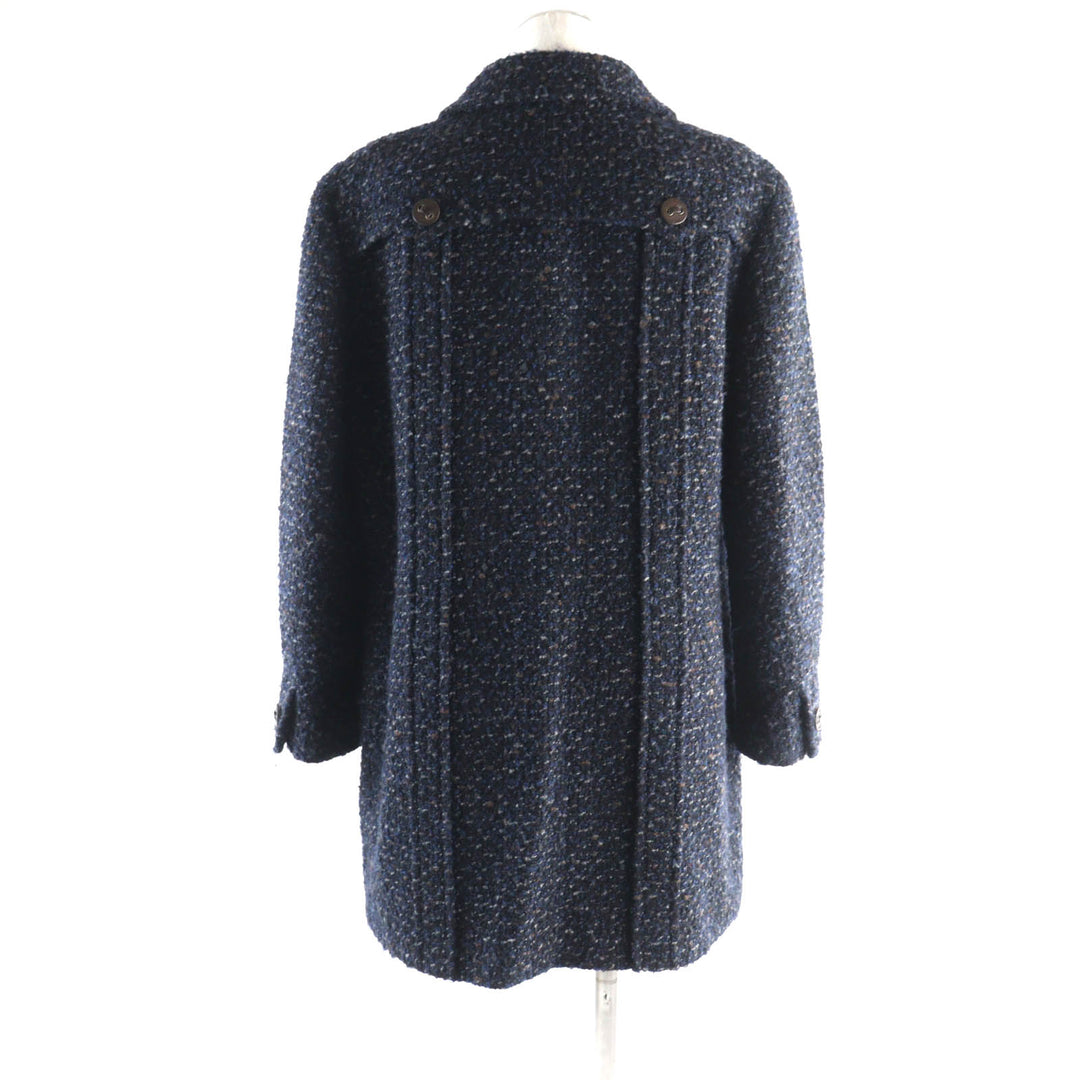 Great CHANEL coat Tweed with leather logo buttons Navy system wool Women 46 02A P19979