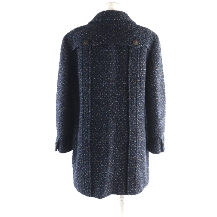 Great CHANEL coat Tweed with leather logo buttons Navy system wool Women 46 02A P19979