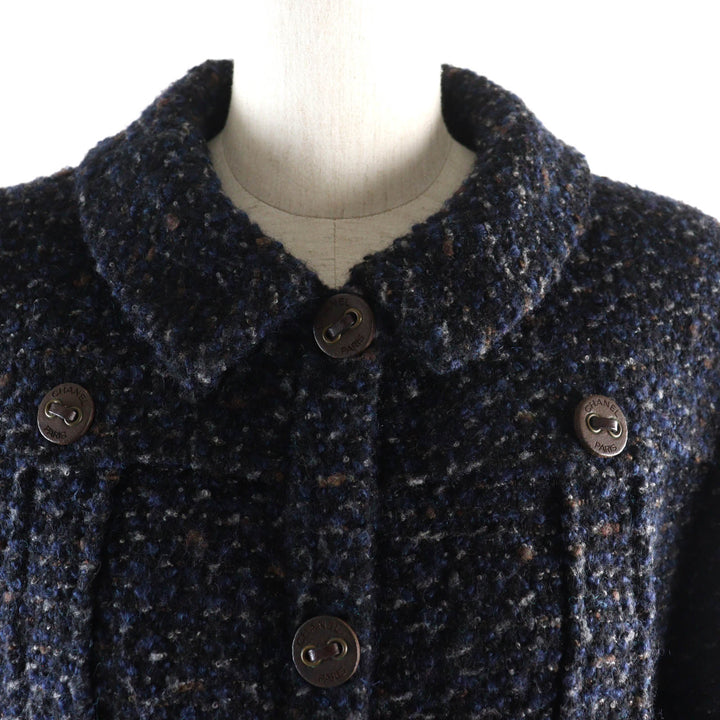 Great CHANEL coat Tweed with leather logo buttons Navy system wool Women 46 02A P19979