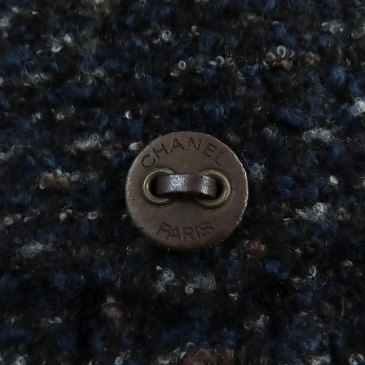 Great CHANEL coat Tweed with leather logo buttons Navy system wool Women 46 02A P19979