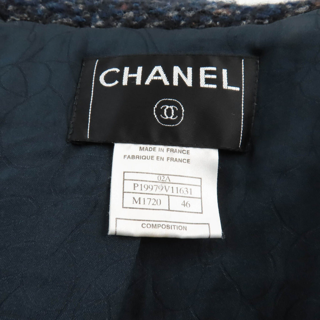 Great CHANEL coat Tweed with leather logo buttons Navy system wool Women 46 02A P19979