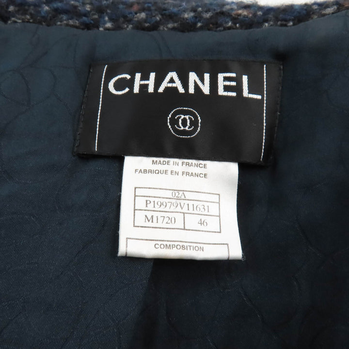 Great CHANEL coat Tweed with leather logo buttons Navy system wool Women 46 02A P19979