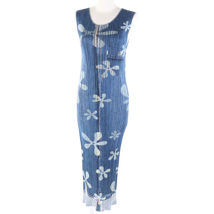 Excellent PLEATS PLEASE one piece Denim transfer floral Indigo blue 0 PP02-JH751