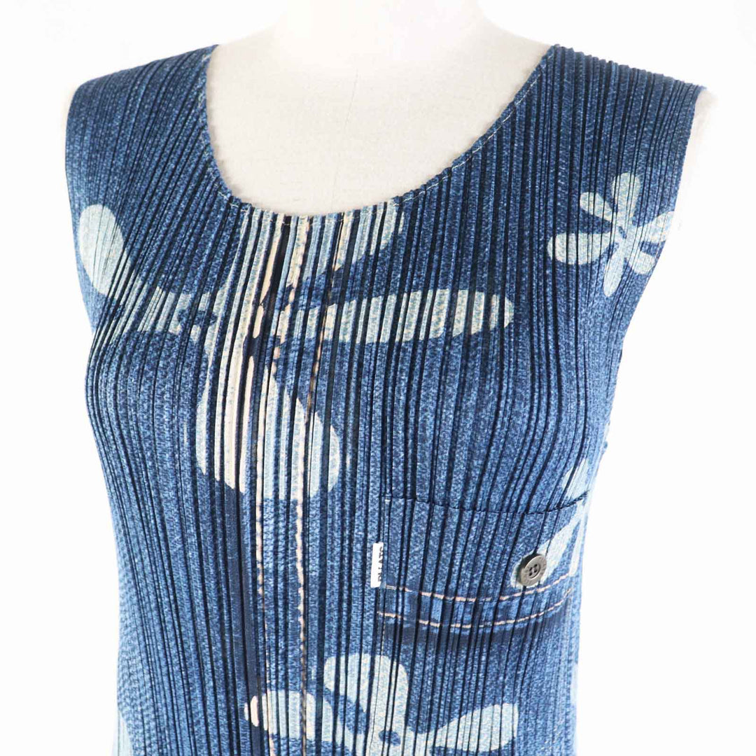 Excellent PLEATS PLEASE one piece Denim transfer floral Indigo blue 0 PP02-JH751