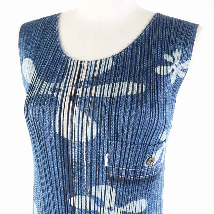 Excellent PLEATS PLEASE one piece Denim transfer floral Indigo blue 0 PP02-JH751