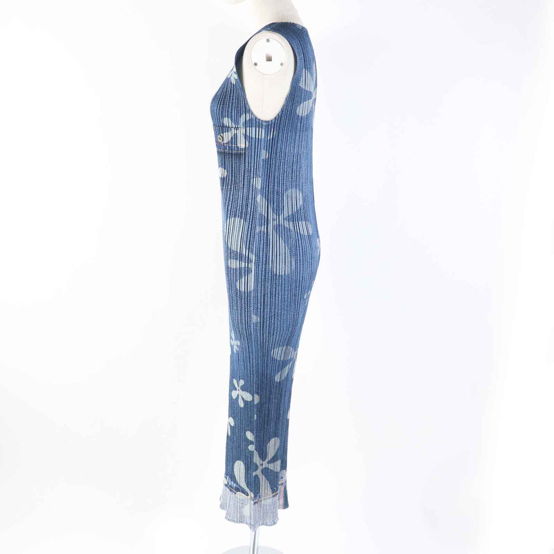 Excellent PLEATS PLEASE one piece Denim transfer floral Indigo blue 0 PP02-JH751