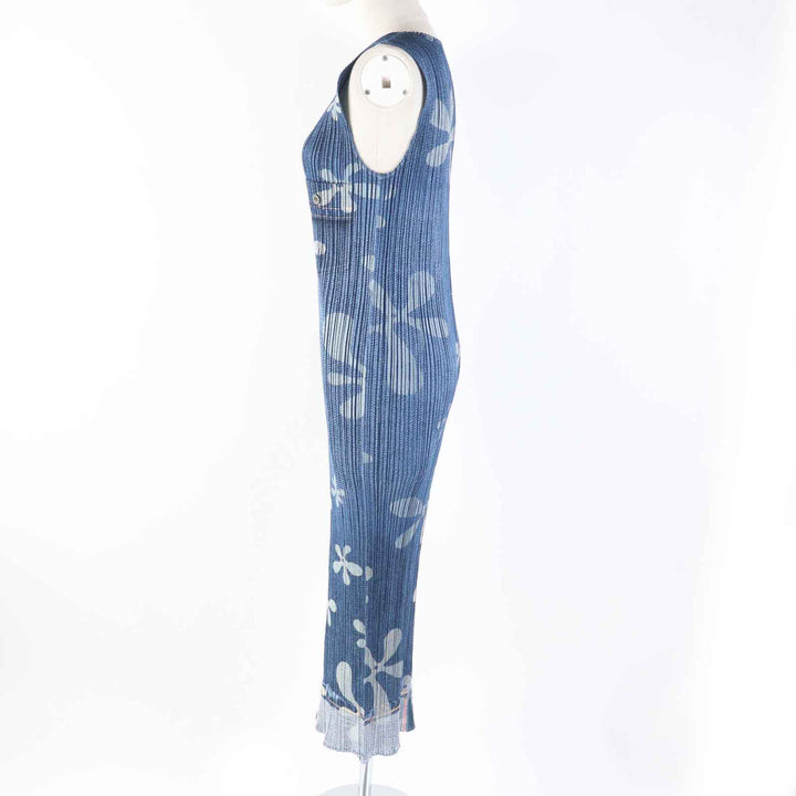 Excellent PLEATS PLEASE one piece Denim transfer floral Indigo blue 0 PP02-JH751