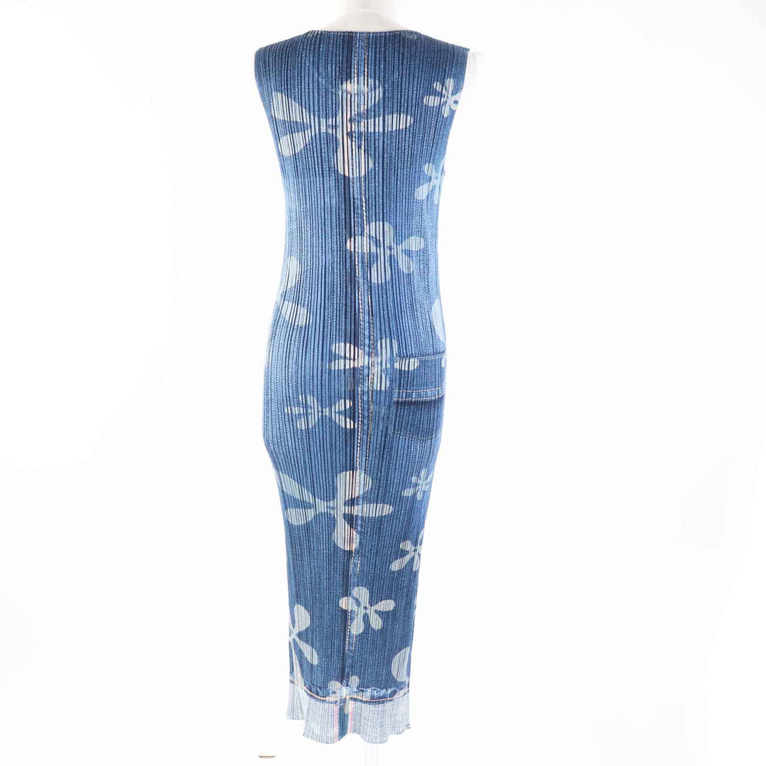 Excellent PLEATS PLEASE one piece Denim transfer floral Indigo blue 0 PP02-JH751