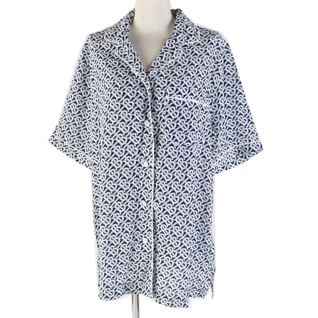Pristine BURBERRY Short sleeve shirt blue white navy silk Women 40 8048782
