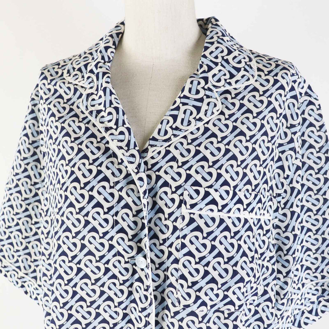 Pristine BURBERRY Short sleeve shirt blue white navy silk Women 40 8048782