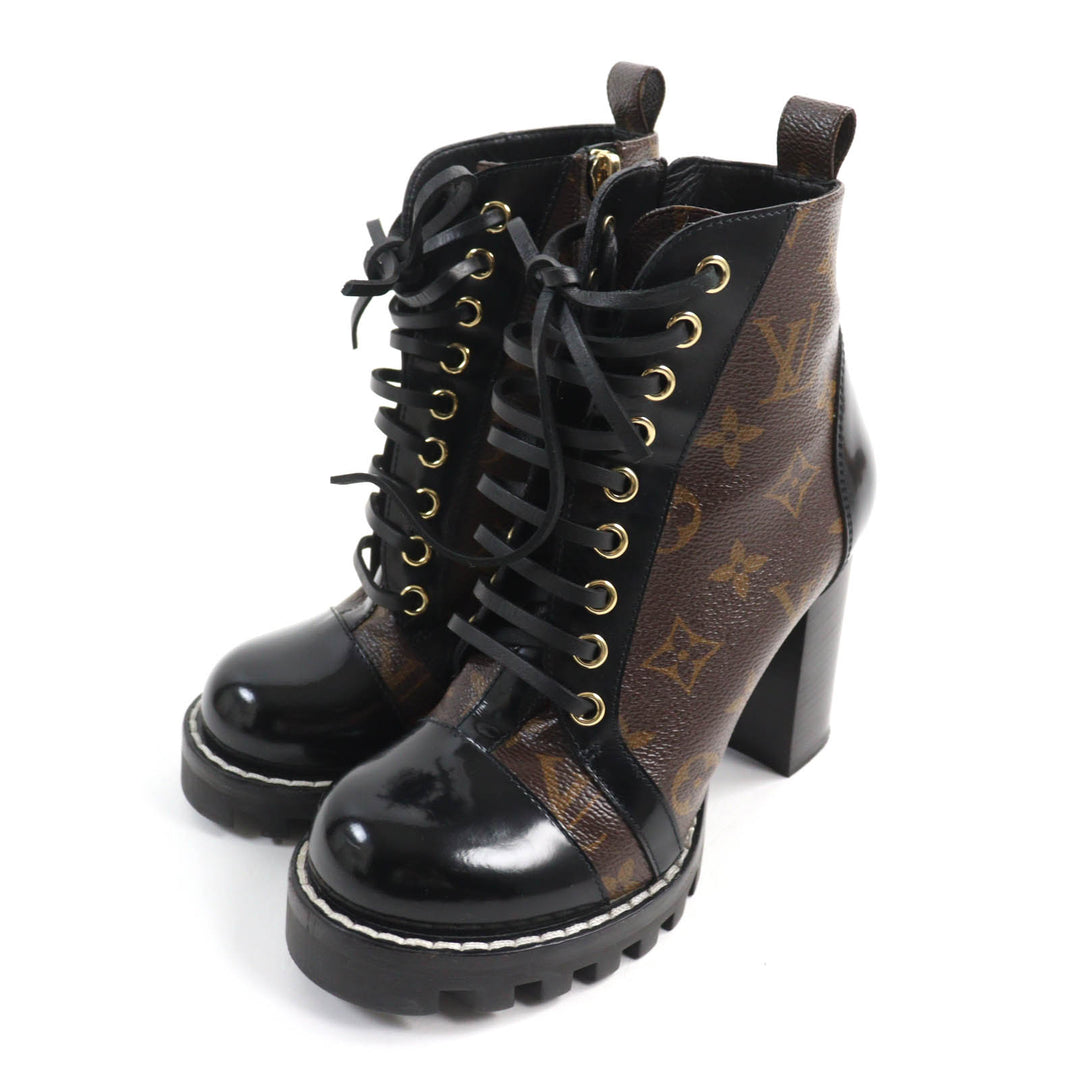 Excellent LOUIS VUITTON Ankle boots Lace Up Brown black Monogram canvas Women 35