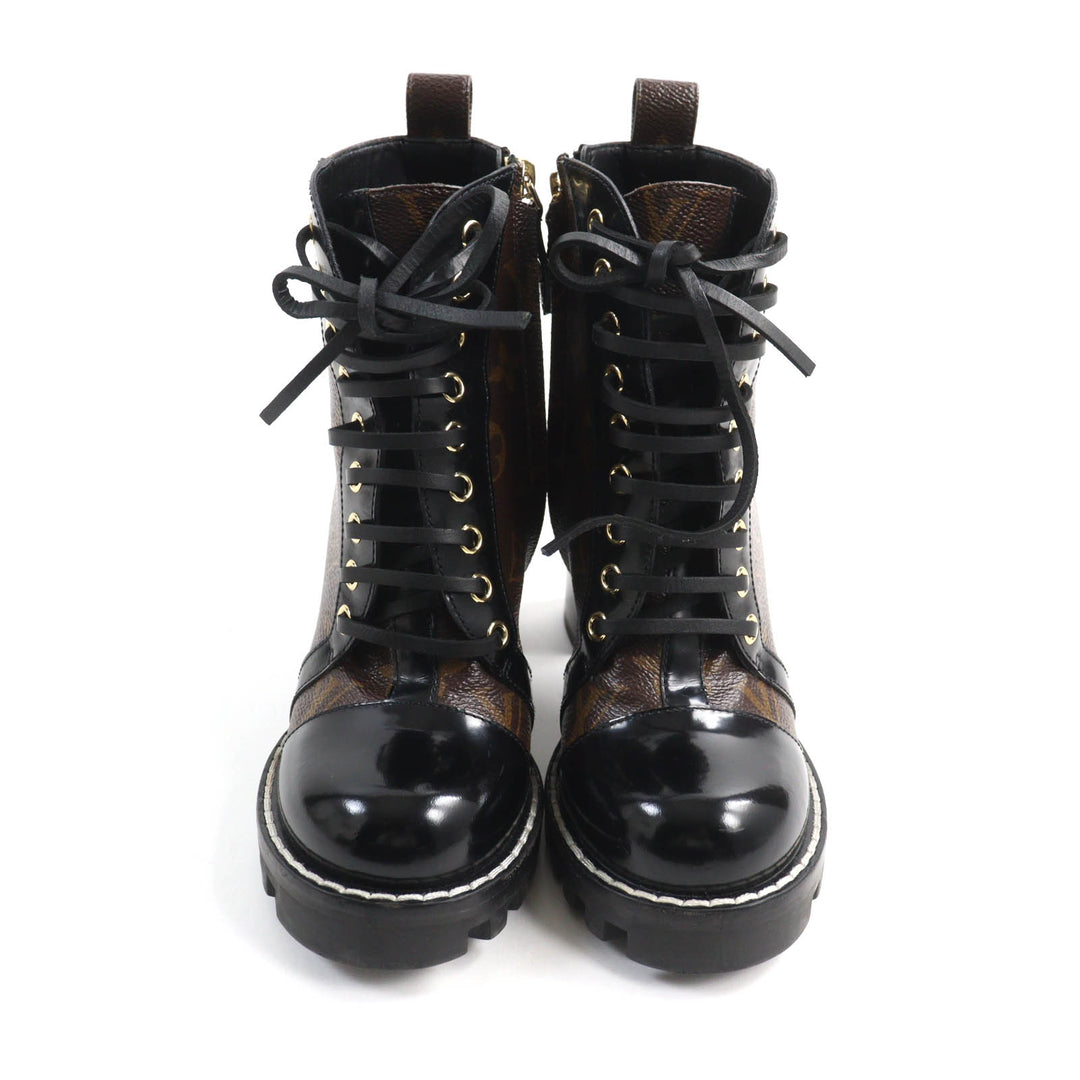 Excellent LOUIS VUITTON Ankle boots Lace Up Brown black Monogram canvas Women 35