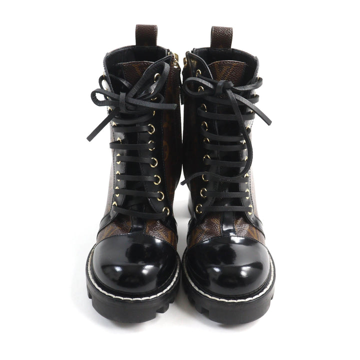 Excellent LOUIS VUITTON Ankle boots Lace Up Brown black Monogram canvas Women 35
