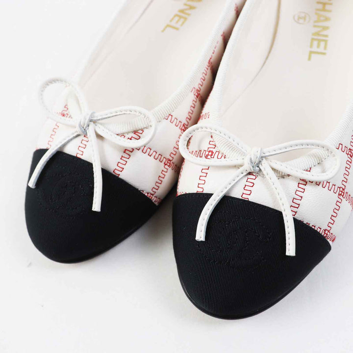 Great CHANEL shoes ballerina COCO Mark Black white red lambskin Women 36 24P G45591