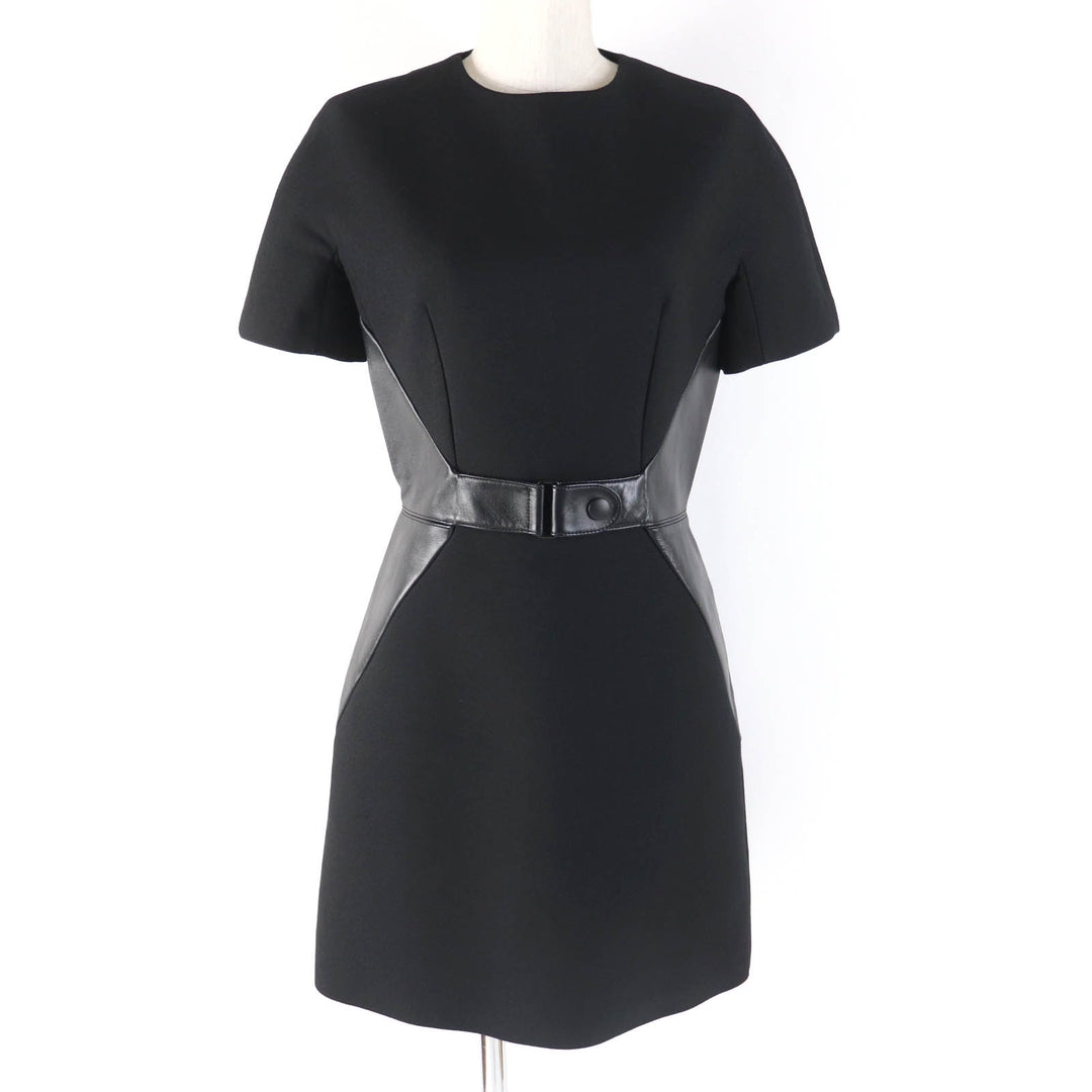 Excellent LOUIS VUITTON one piece Leather short sleeve dress black wool Women 34
