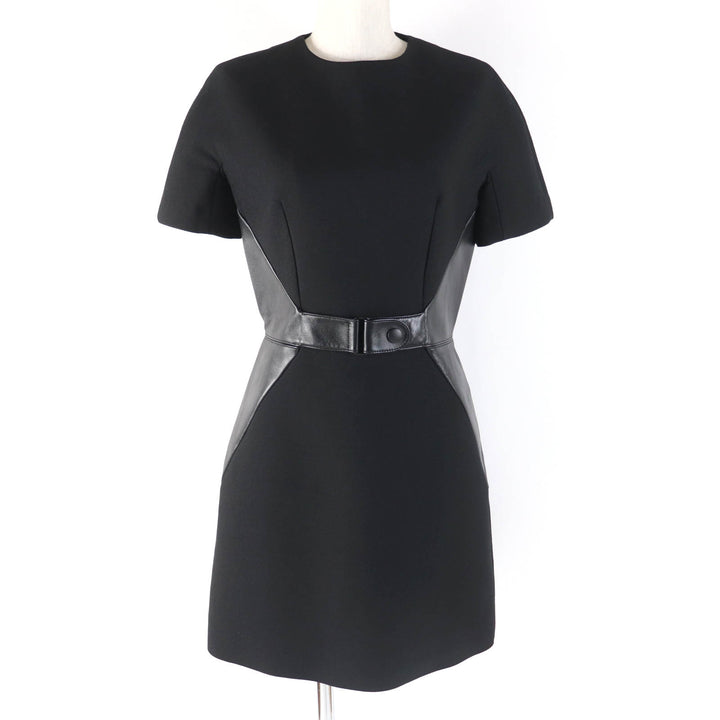Excellent LOUIS VUITTON one piece Leather short sleeve dress black wool Women 34