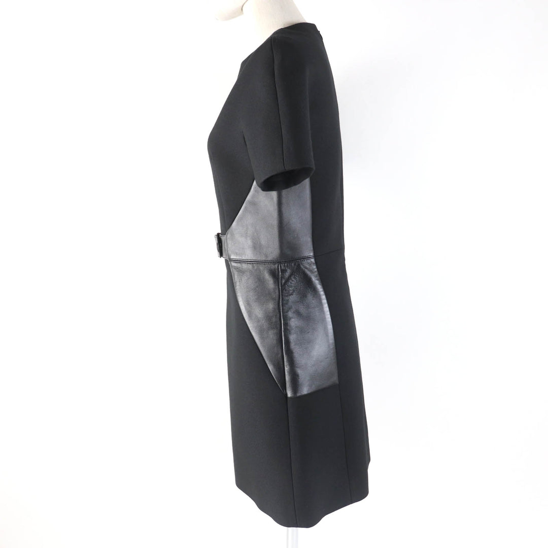 Excellent LOUIS VUITTON one piece Leather short sleeve dress black wool Women 34
