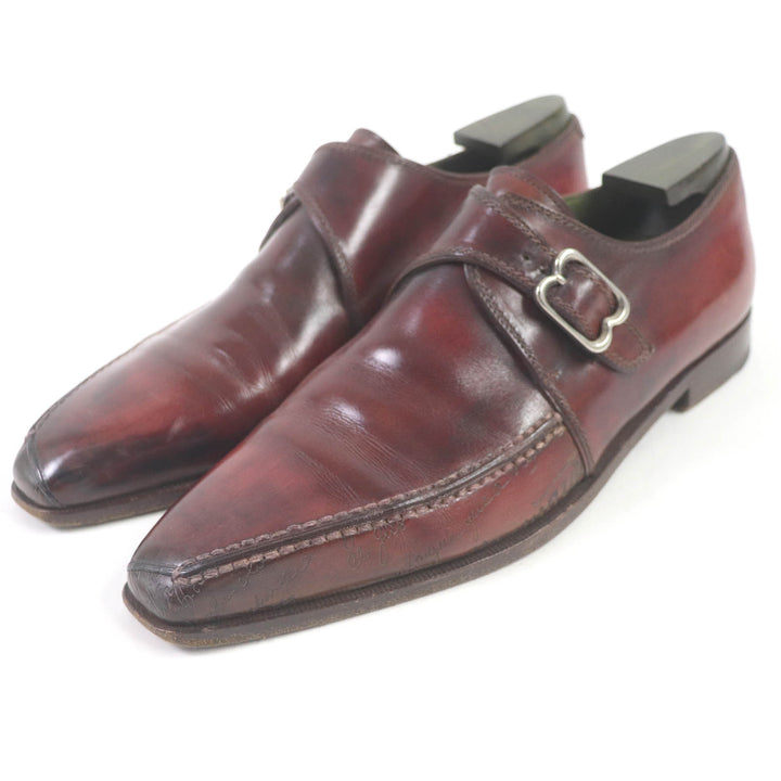 Very Good Berluti Leather shoes Demesure Scars Calligraphy Patine Single Monk Strap Bordeaux leather mens 9