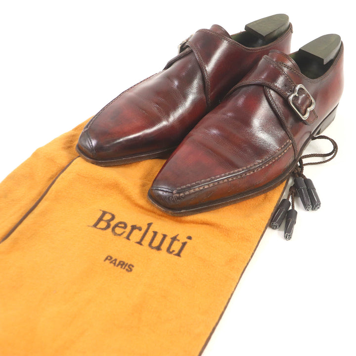 Very Good Berluti Leather shoes Demesure Scars Calligraphy Patine Single Monk Strap Bordeaux leather mens 9