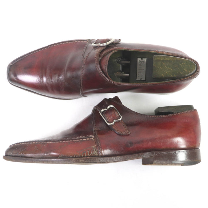 Very Good Berluti Leather shoes Demesure Scars Calligraphy Patine Single Monk Strap Bordeaux leather mens 9