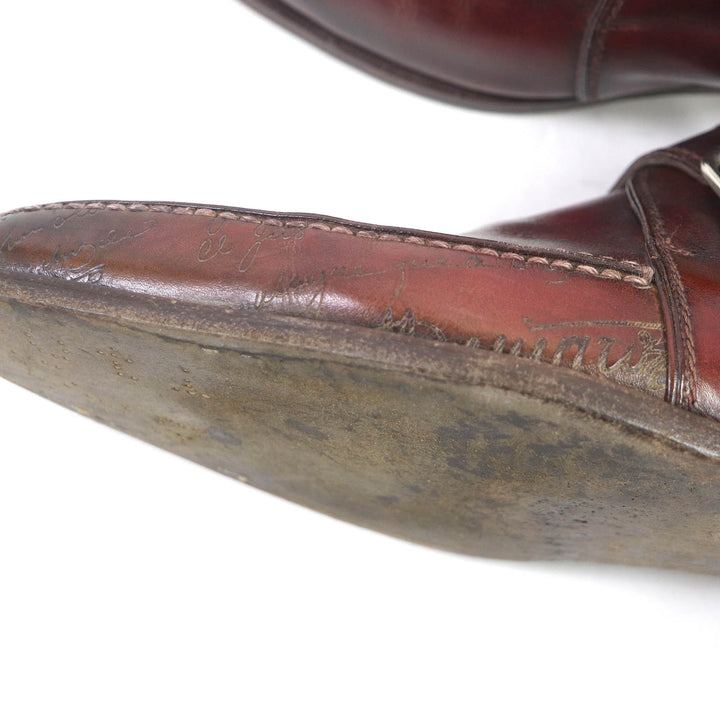 Very Good Berluti Leather shoes Demesure Scars Calligraphy Patine Single Monk Strap Bordeaux leather mens 9