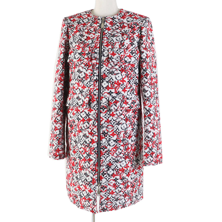 Excellent LOUIS VUITTON coat Monogram jacquard no-collar zip-up long Women 38