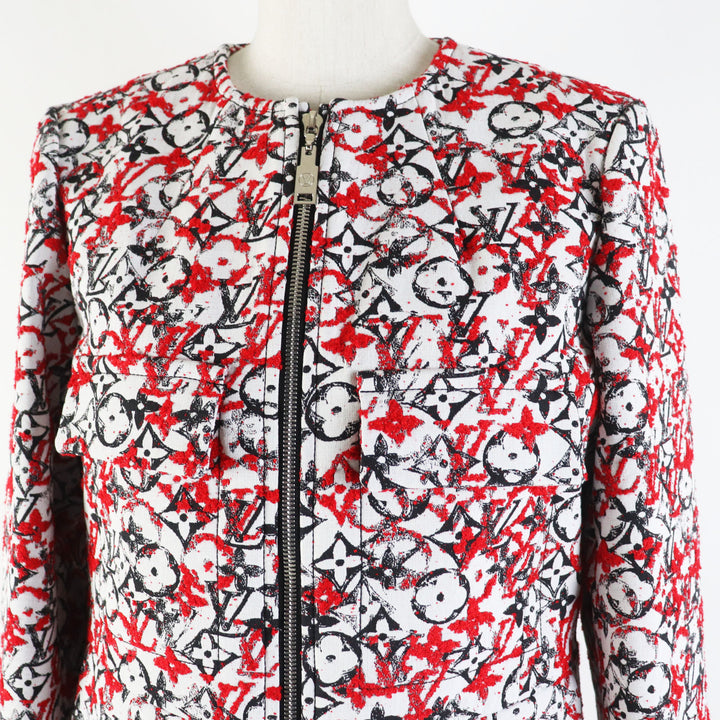 Excellent LOUIS VUITTON coat Monogram jacquard no-collar zip-up long Women 38