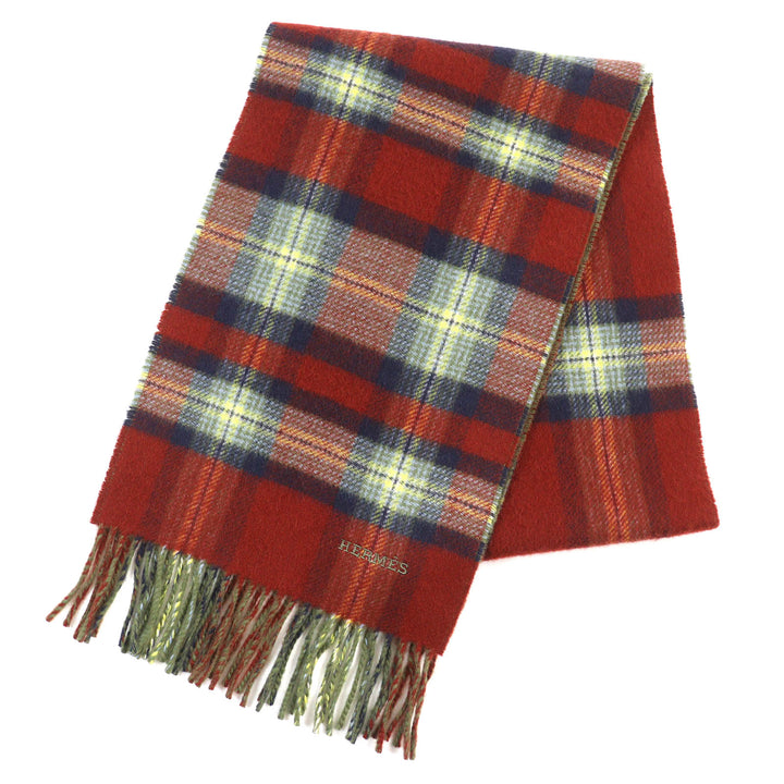 Excellent HERMES Scarf Back to school Logo Embroidery Fringe Red series cashmere mens