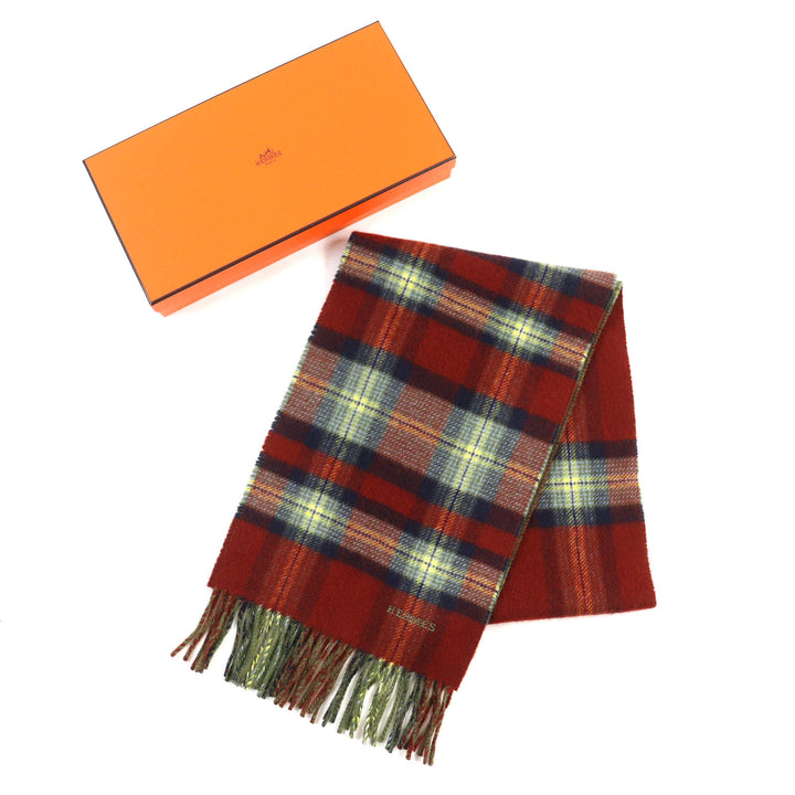 Excellent HERMES Scarf Back to school Logo Embroidery Fringe Red series cashmere mens