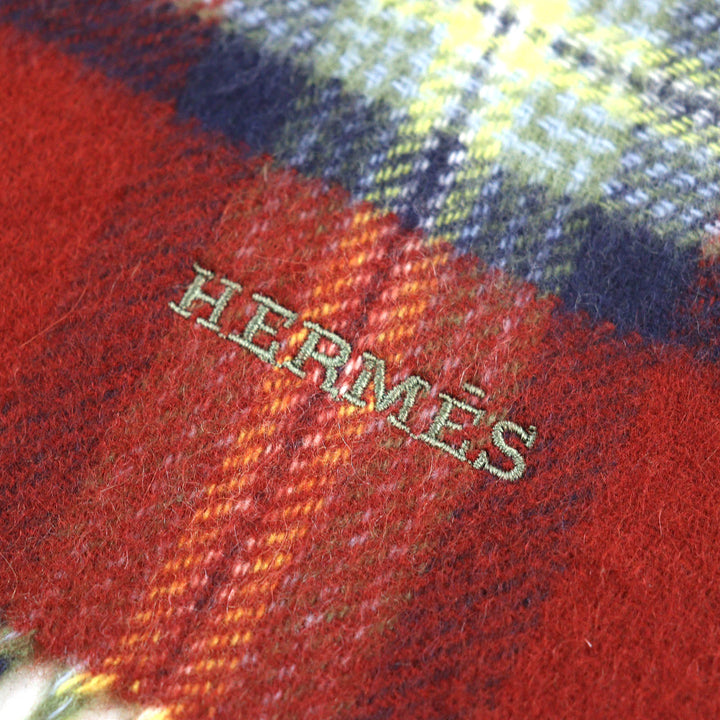 Excellent HERMES Scarf Back to school Logo Embroidery Fringe Red series cashmere mens