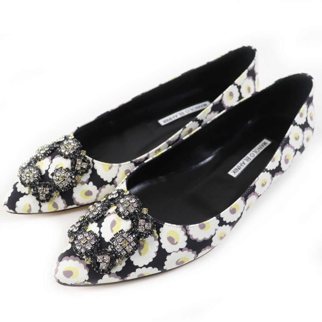 Pristine MANOLO BLAHNIK pumps HANGTSTFLAT Hangisi Flat Floral Pattern Rayon 37.5