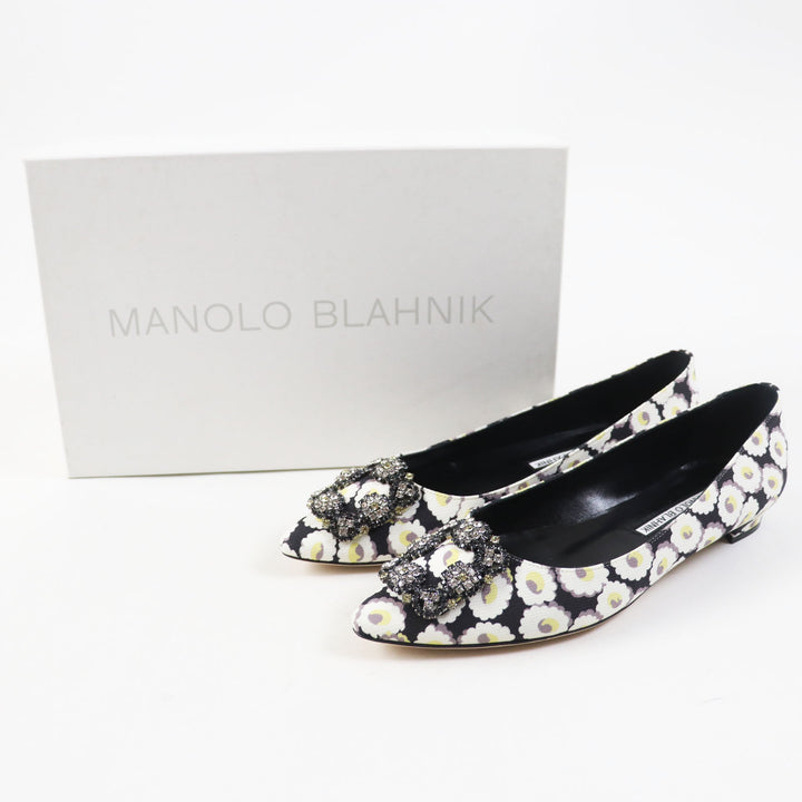 Pristine MANOLO BLAHNIK pumps HANGTSTFLAT Hangisi Flat Floral Pattern Rayon 37.5