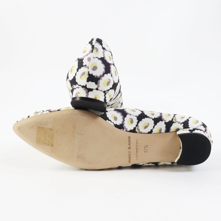 Pristine MANOLO BLAHNIK pumps HANGTSTFLAT Hangisi Flat Floral Pattern Rayon 37.5