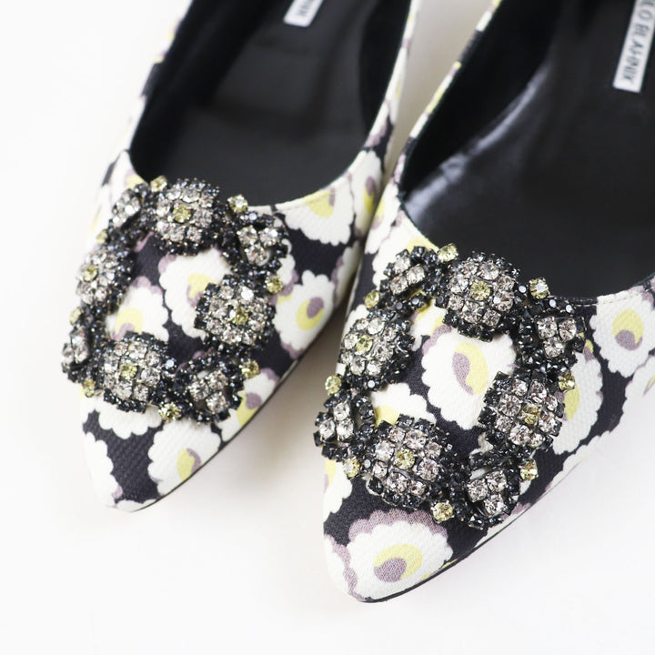 Pristine MANOLO BLAHNIK pumps HANGTSTFLAT Hangisi Flat Floral Pattern Rayon 37.5
