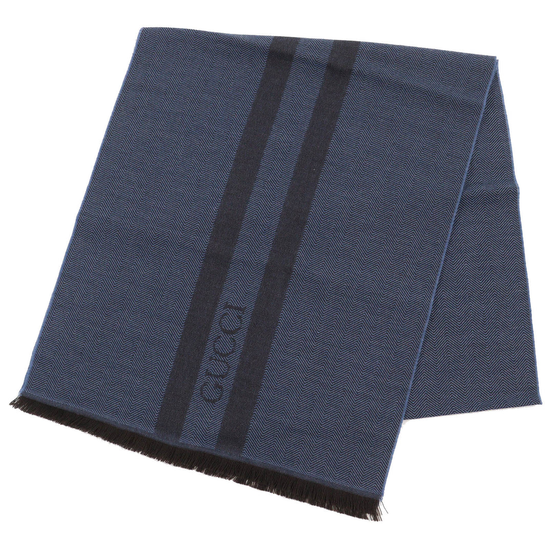 Excellent GUCCI Scarf Herringbone Pattern Fringe Shawl Stole Blue brown mens