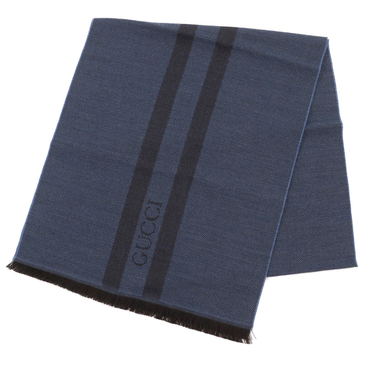 Excellent GUCCI Scarf Herringbone Pattern Fringe Shawl Stole Blue brown mens