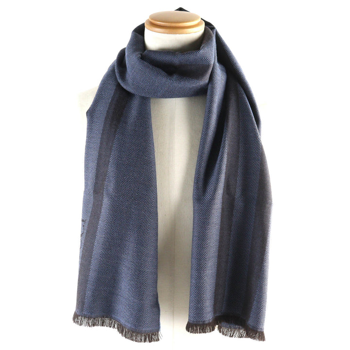 Excellent GUCCI Scarf Herringbone Pattern Fringe Shawl Stole Blue brown mens