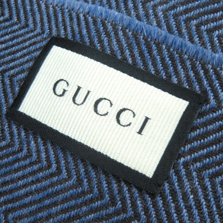 Excellent GUCCI Scarf Herringbone Pattern Fringe Shawl Stole Blue brown mens
