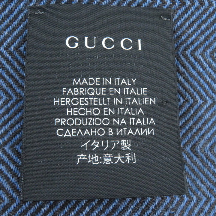 Excellent GUCCI Scarf Herringbone Pattern Fringe Shawl Stole Blue brown mens