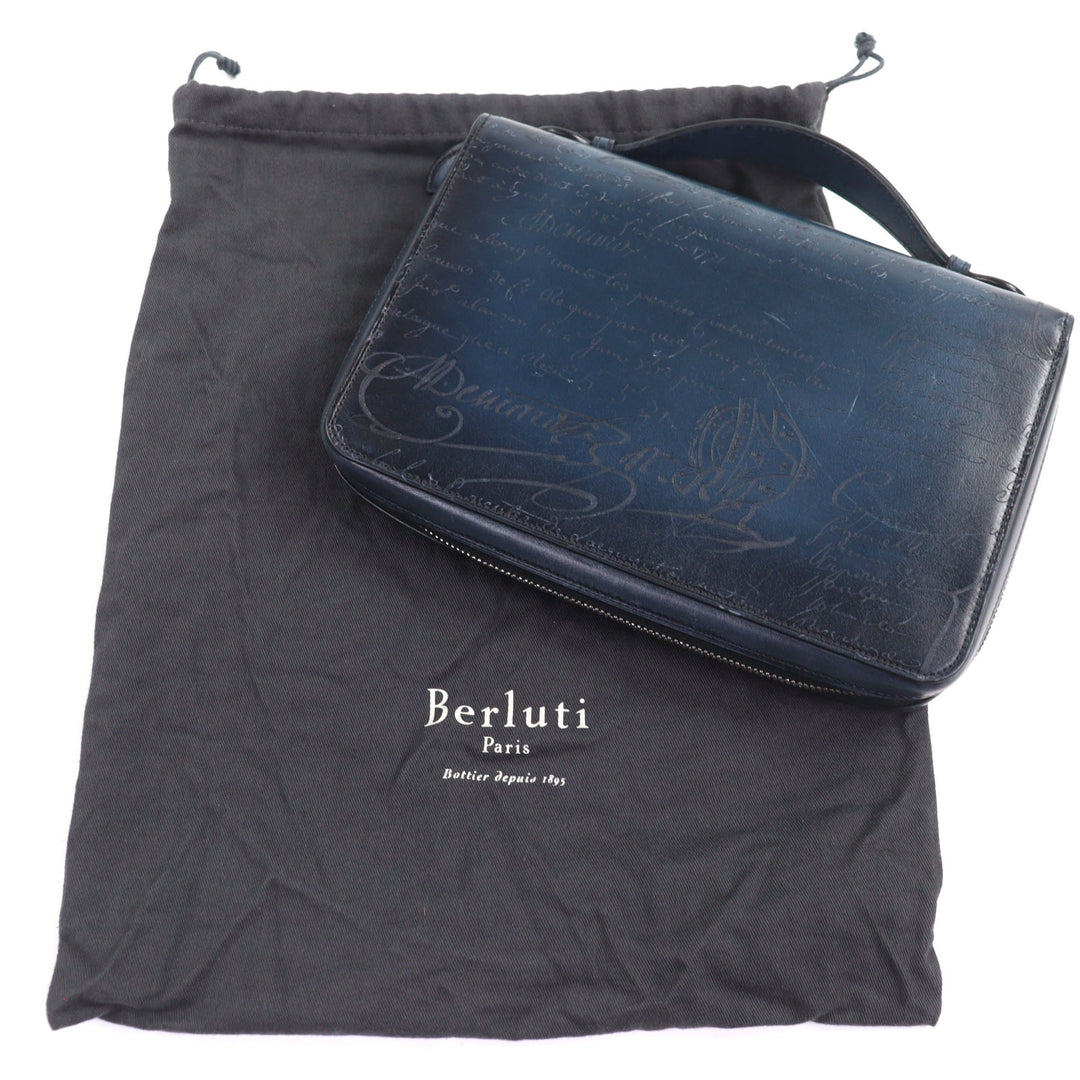 Great BERLUTI Clutch bag Itauba Wide Long zip wallet Navy scritto leather mens