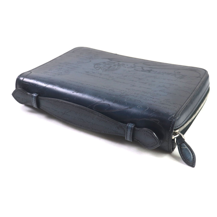 Great BERLUTI Clutch bag Itauba Wide Long zip wallet Navy scritto leather mens