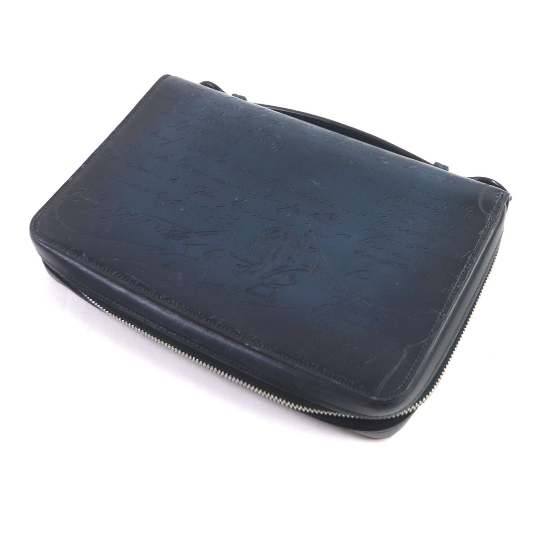 Great BERLUTI Clutch bag Itauba Wide Long zip wallet Navy scritto leather mens