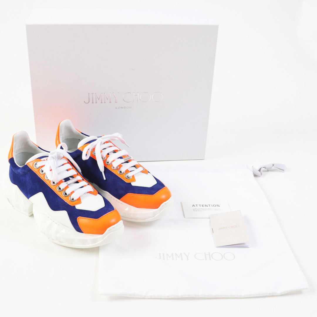 Pristine JIMMY CHOO sneakers DIAMOND Cobalt Neon Orange Calf leather Women 36