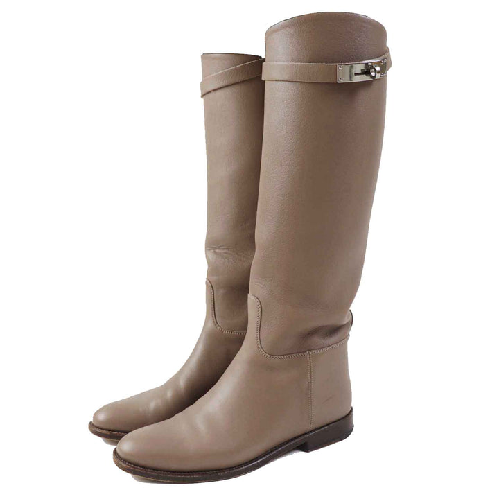 HERMES Knee-high boots Kelly Metal Jumping Boots beige leather Women 36